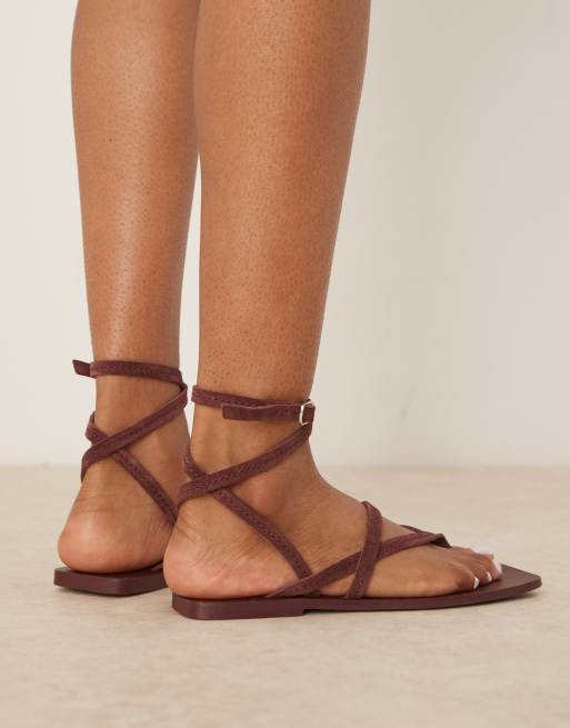 ASOS DESIGN Fiction suede strappy sandals in burgundy