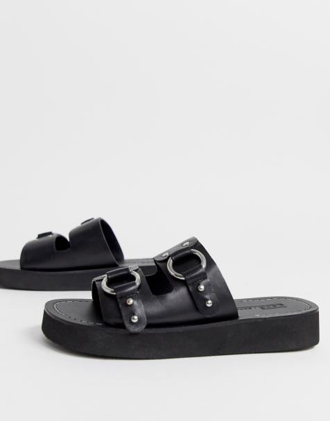 ASOS DESIGN – Ficton – Hochwertige, schwarze Ledersandalen mit Metallverzierungen