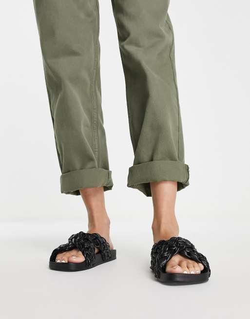 ASOS DESIGN Fields woven cross strap square toe slides in black, 3 of 4