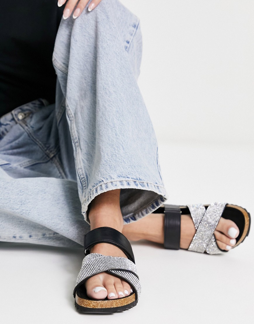 ASOS DESIGN Fiery cross strap flat sandals with diamante in black