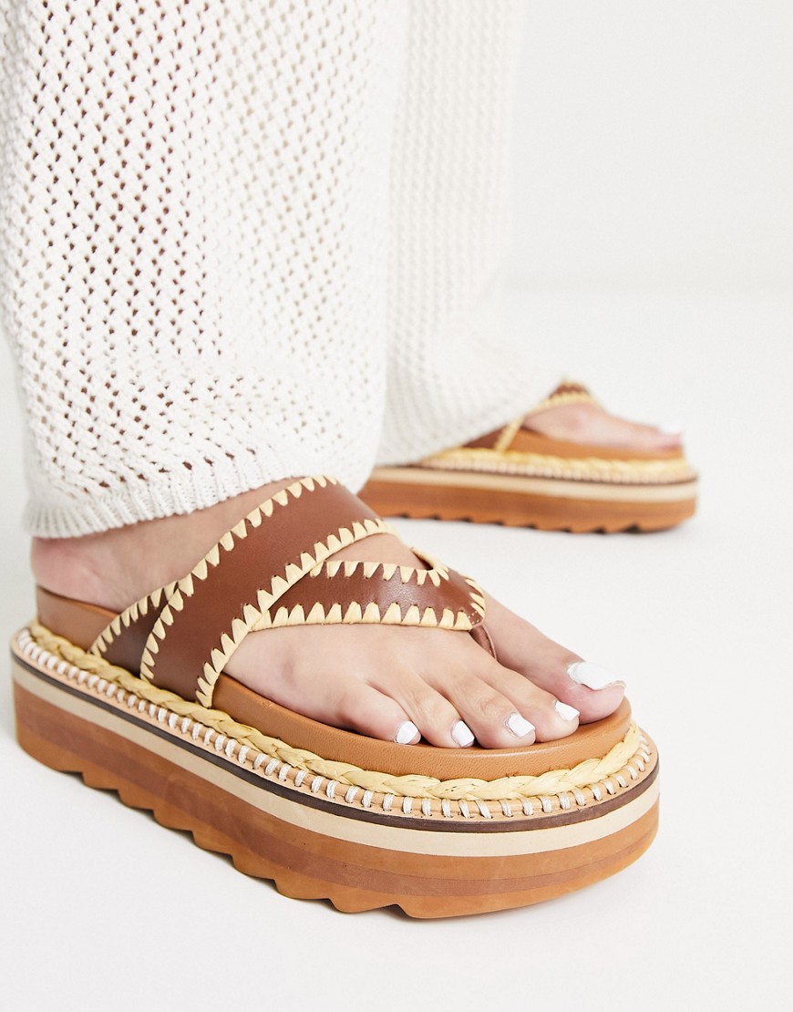 Asos Design Fiesta Leather Toe Thong Platform Flat Sandals In Brown
