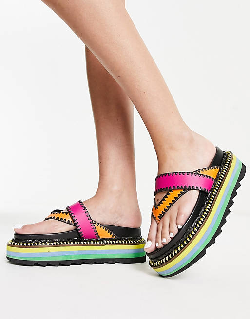 ASOS DESIGN Fiesta leather toe thong platform flat sandals in multi | ASOS