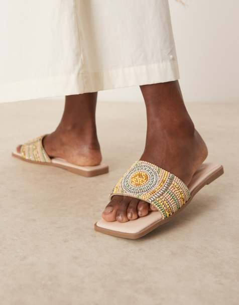 ASOS DESIGN Fig square toe flat mule sandals with beads in multi - view 1