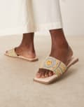 [ASOS DESIGN] ASOS DESIGN Fig square toe flat mule sandals with beads in multi-Neutral 36 Gold Multi