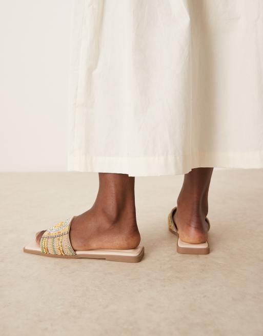 ASOS DESIGN Fig square toe flat mule sandals with beads in multi