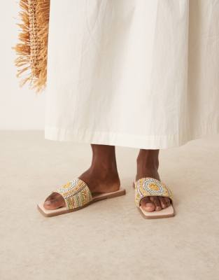 ASOS DESIGN Fig square toe flat mule sandals with beads in multi