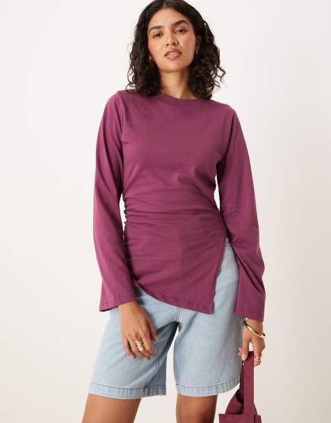 ASOS DESIGN - Figenfarvet langærmet top med rynker i siderne og asymmetrisk kant forneden - view 1