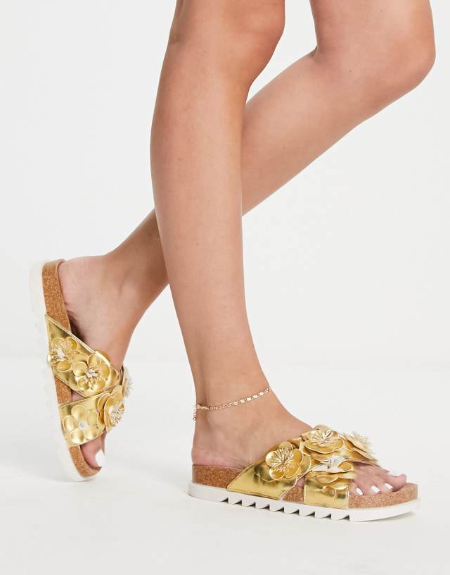 ASOS DESIGN Figgy cross strap floral flat sandals in gold