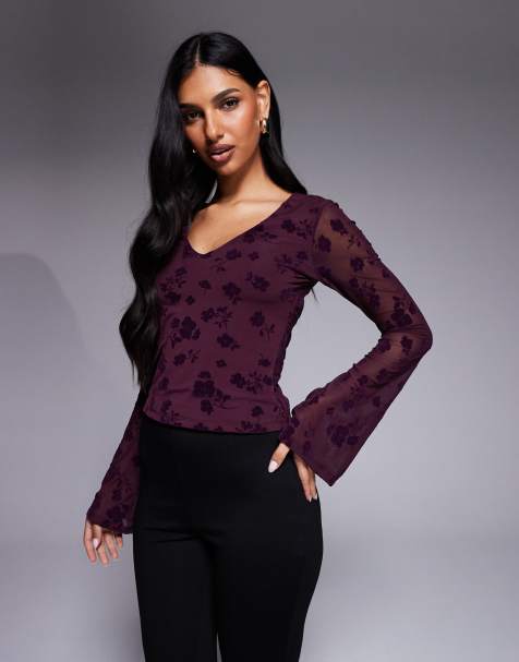 ASOS DESIGN – Figowy siateczkowy top z rozkloszowanymi rękawami we flokowany wzór - view 1