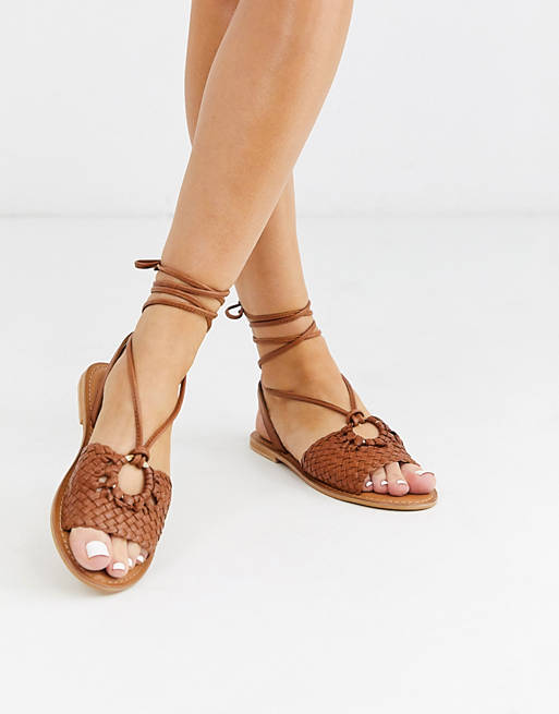 ASOS DESIGN Figtree woven leather tie leg sandal in tan