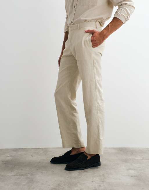 ASOS DESIGN – Figurbetonte Hose in Beige mit geradem Schnitt und hohem Leinenanteil, 3 von 5