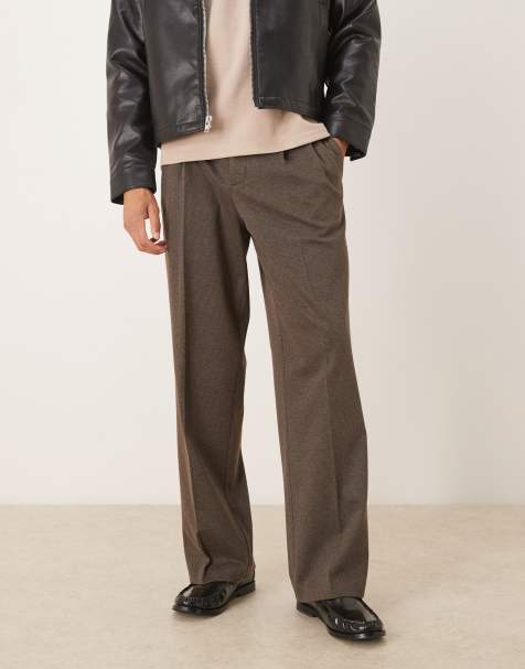 ASOS DESIGN – Figurbetonte Hose in Braun mit feinem Hahnentrittmuster, weitem Bein und Bundfalten - view 1