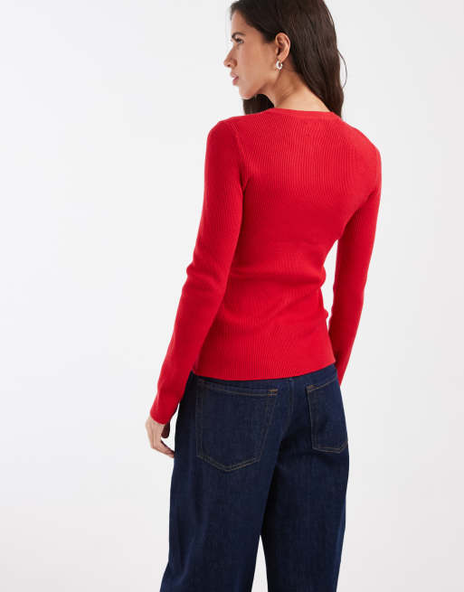 ASOS DESIGN figurbetonte Longline-Strickjacke mit Rippstruktur in Rot, 2 von 4