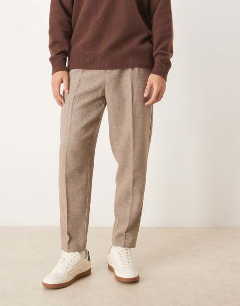 ASOS DESIGN – Figurbetonte, schmal zulaufende Relaxed-Fit-Hose mit Wollanteil in Beige mit Fischgrätmuster - view 1