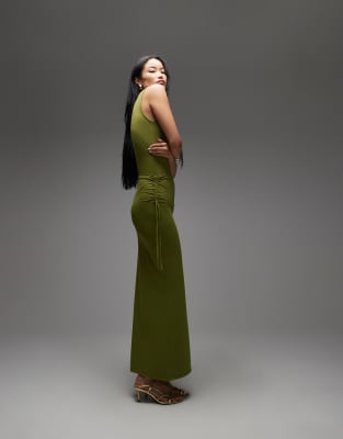 ASOS DESIGN - Figurbetonter Polyamid-Maxirock in Olivgrün mit geraffter Taille mit Bindedetail, Kombiteil