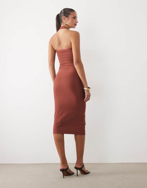 ASOS DESIGN figurbetontes Bandage-Midikleid mit Gitterrock in rostrotem Scuba-ähnlichen Stoff, 4 von 4