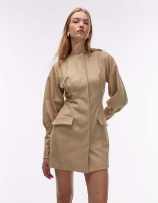 ASOS DESIGN - Figurbetontes Blazer-Minikleid in Steinbeige mit Puffärmeln-Neutral