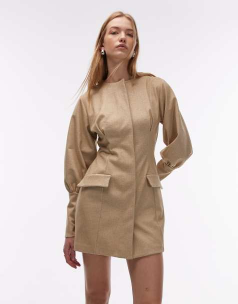 ASOS DESIGN – Figurbetontes Blazer-Minikleid in Steinbeige mit Puffärmeln - view 1