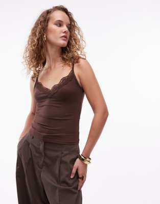 ASOS DESIGN - Figurbetontes Camisole aus Polyamid in Schokobraun und Blau mit Spitzensaum-Bunt