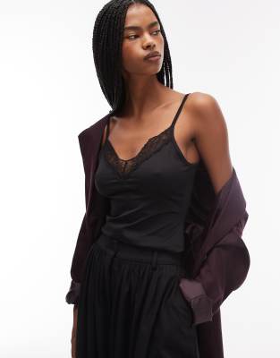ASOS DESIGN - Figurbetontes Camisole aus Polyamid in Schwarz mit Spitzensaum