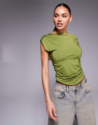 ASOS DESIGN - Figurbetontes, doppellagiges Oberteil in Khaki mit gerafften Seiten-Grün