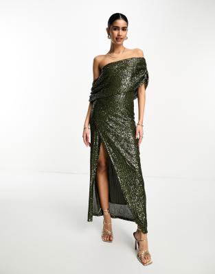 ASOS DESIGN - Figurbetontes, drapiertes Maxi-Paillettenkleid in Olivgrün mit One-Shoulder-Träger