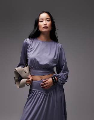 ASOS DESIGN - Figurbetontes, drapiertes Oberteil in Grau mit Ballonärmeln und Bindung am Rücken, Kombiteil