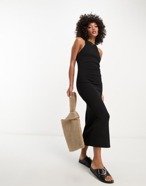 ASOS DESIGN – Figurbetontes, geripptes Midi-Trägerkleid in Schwarz mit eckigem Ausschnitt und Holzperlen