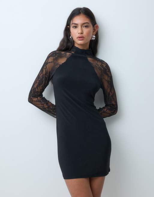 ASOS DESIGN figurbetontes, hochgeschlossenes Minikleid mit Spitzärmeln in Schwarz, 4 von 5