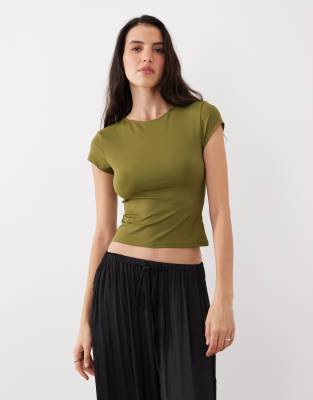 Figurbetontes, knapp geschnittenes T-Shirt aus Polyamid in Khaki-Grün Grün S