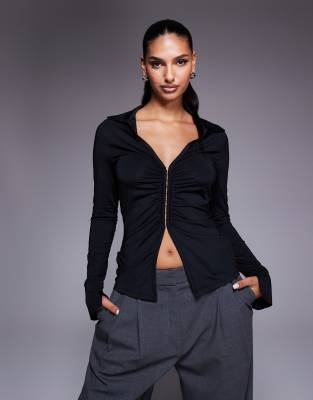 ASOS DESIGN - Figurbetontes Longline-Oberteil in Schwarz mit Haken-Ösen-Verschluss und Raffung