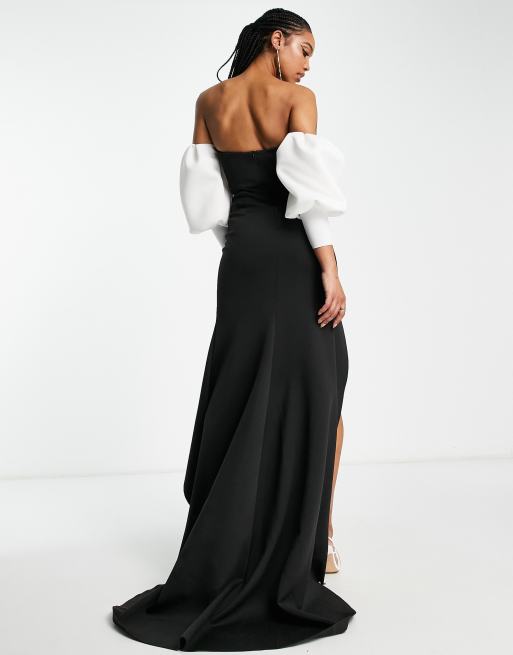 ASOS DESIGN – Figurbetontes Maxikleid in Schwarzweiß mit kontrastierenden Puffärmeln und Schlitz, 2 von 4