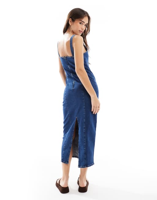 ASOS DESIGN – Figurbetontes Midikleid aus Denim in Indigo mit eckigem Ausschnitt, 4 von 4