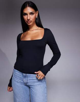 ASOS DESIGN - Figurbetontes Oberteil aus Polyamid in Schwarz mit eckigem Ausschnitt und Bindedetail