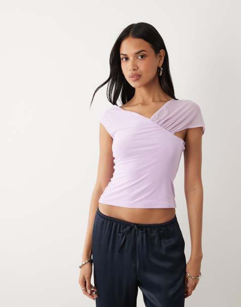 ASOS DESIGN – Figurbetontes Oberteil in Flieder mit Schulterpartie aus Netzstoff - view 1