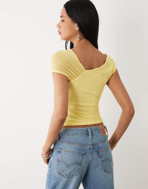 ASOS DESIGN – Figurbetontes Oberteil in Gelb mit Schulterpartie aus Netzstoff, 4 von 4