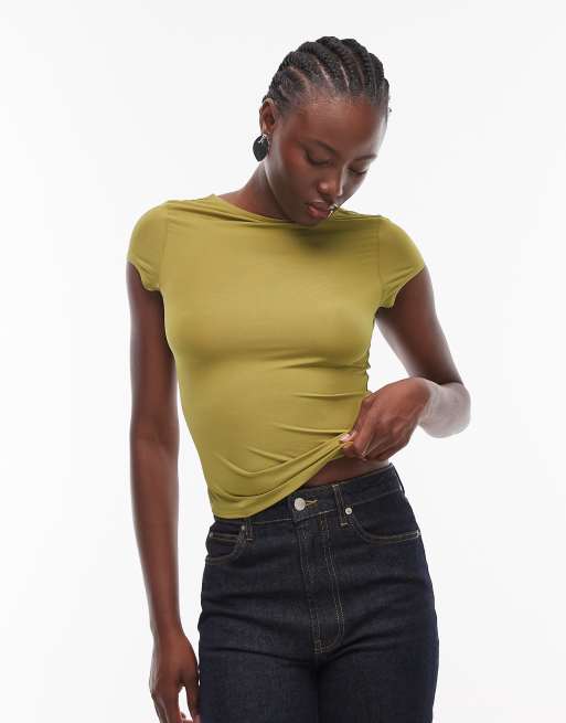 ASOS DESIGN – Figurbetontes Oberteil in Grün mit Kappärmeln und U-Ausschnitt am Rücken, 3 von 4