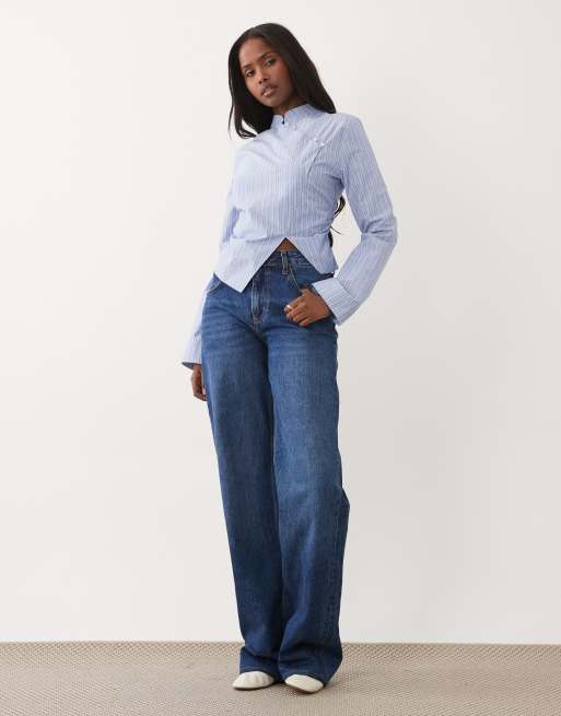 ASOS DESIGN – Figurbetontes, tailliertes Hemd in Blau mit Stehkragen und Streifen, 3 von 4