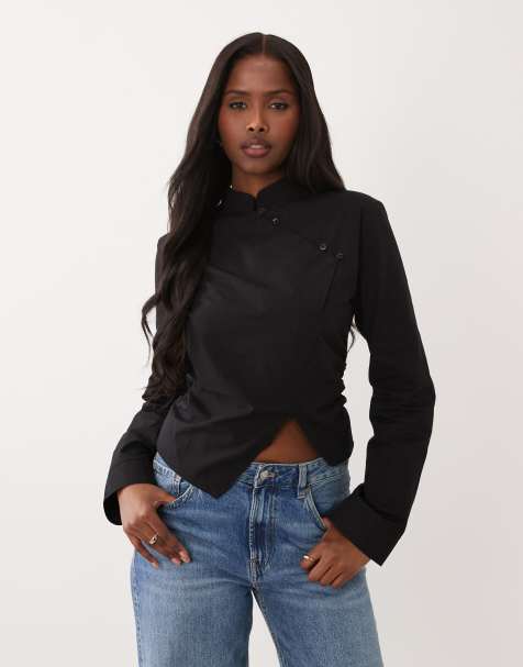 ASOS DESIGN – Figurbetontes, tailliertes Hemd in Schwarz mit Stehkragen - view 1