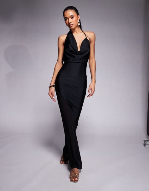 ASOS DESIGN – Figurbetontes, tief ausgeschnittenes Midikleid in Schwarz mit Metallbesatz - view 1