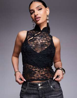 ASOS DESIGN - Figurbetontes, transparentes Oberteil aus schwarzer Spitze mit Ringerrücken und Knopfleiste mit Rouleau-Sc...