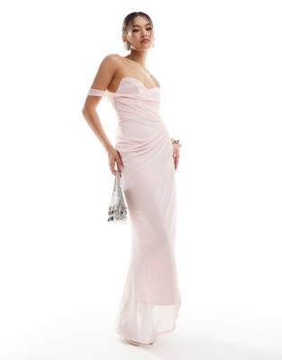 ASOS DESIGN - Figurformendes Bleistift-Midikleid in Blush mit Bardot-Kragen und drapiertem Netzstoff-Layer-Rosa