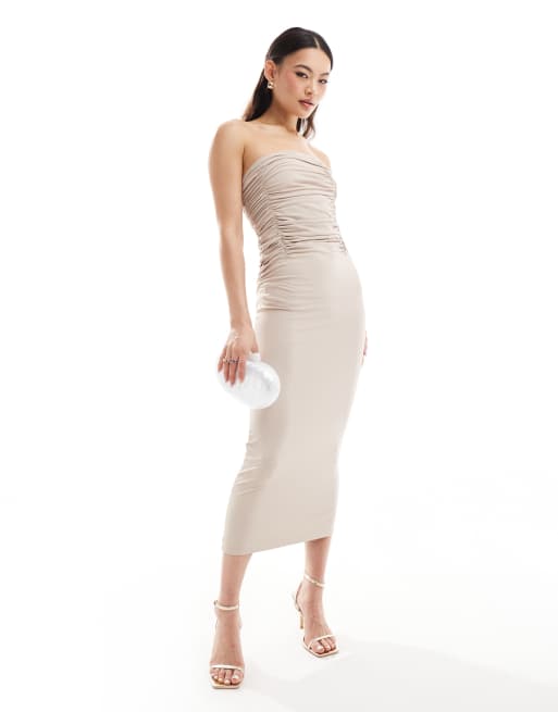 ASOS DESIGN – Figurformendes Camisole-Midikleid aus Jersey in Stein mit geraffter Brustpartie