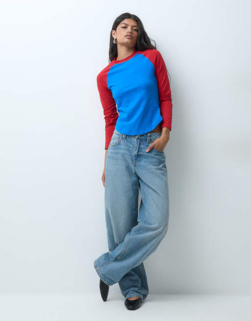ASOS DESIGN figurnära långärmad t-shirt med raglanärmar i blått och rött, 4 av 5