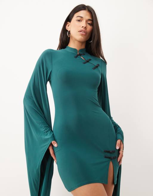 ASOS DESIGN figurskapande miniklänning med mandarin-krage, hög hals och överdriven ärm i teal, 2 av 4