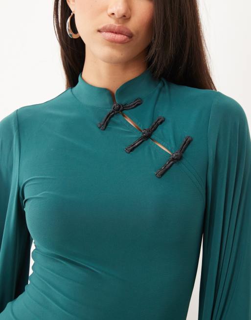 ASOS DESIGN figurskapande miniklänning med mandarin-krage, hög hals och överdriven ärm i teal, 3 av 4