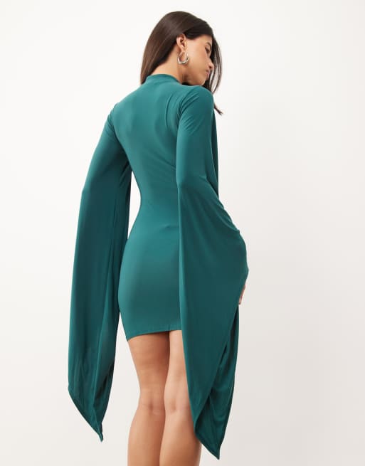 ASOS DESIGN figurskapande miniklänning med mandarin-krage, hög hals och överdriven ärm i teal, 4 av 4