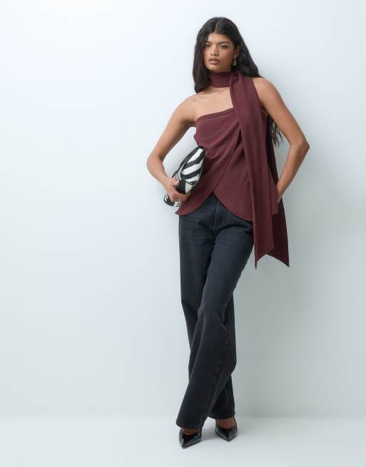 ASOS DESIGN figursydd bandeautopp med scarf i chokladbrun, 2 av 5