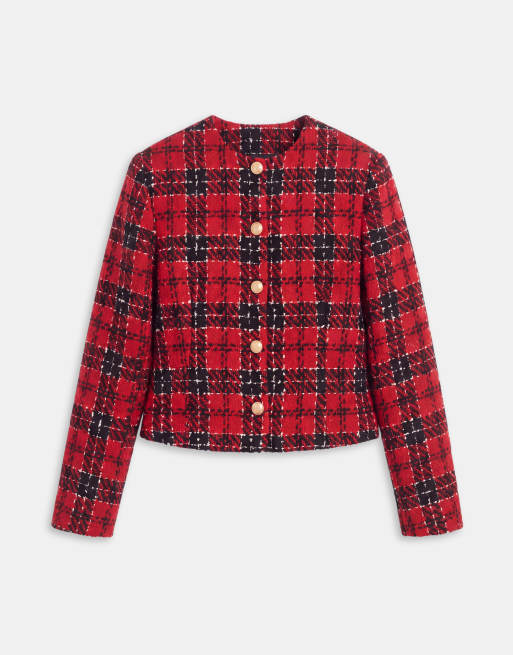 ASOS DESIGN figursydd bouclé-rutig kavaj med guldfärgade knappar i rött, 6 av 7