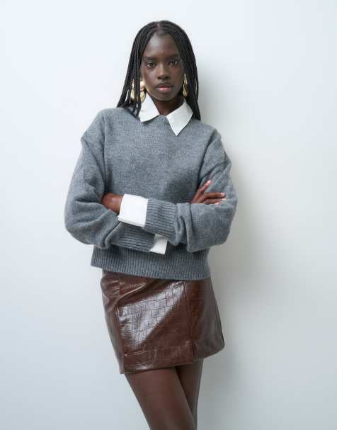 ASOS DESIGN figursydd minikjol i läderimitation med slits i tan croc - view 1